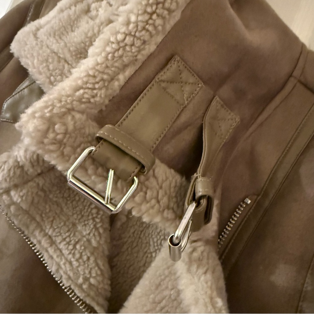 Zara Beige Shearling Sherpa Lined Faux Suede Jacket - Picture 5 of 10